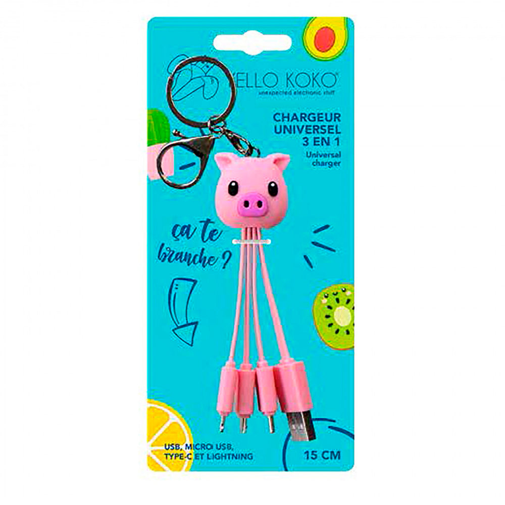 Cable Yello Koko Pig 3 en 1 USB A/micro USB y USB C y Lightning 0,15m