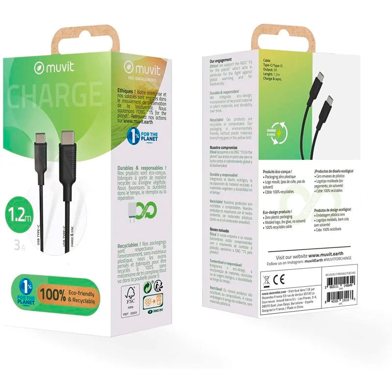 Cable Muvit for Change Tipo C a Tipo C 3A/60W 1,2m negro