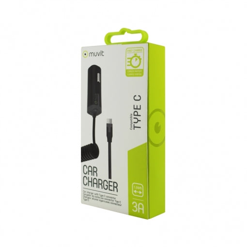 Cargador coche Muvit Tipo C 3A cable rizado 1.2m negro (SIn abrir)