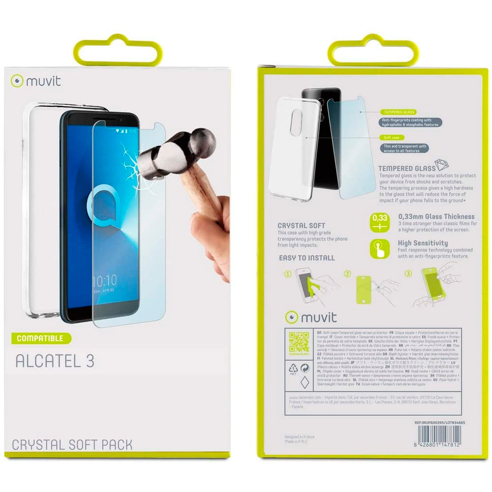 Pack Muvit Funda Alcatel 3 y Protector Pantalla Vidrio Templado Plano.