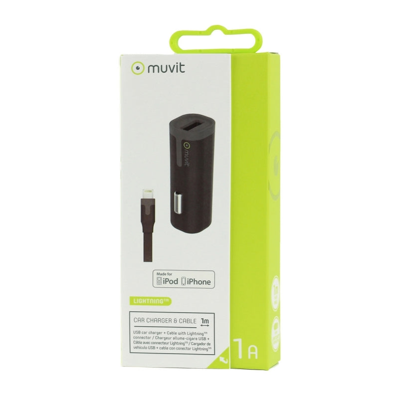 Pack Muvit Cargador coche USB 1A negro+Cable USB-Apple MFI 1m negro