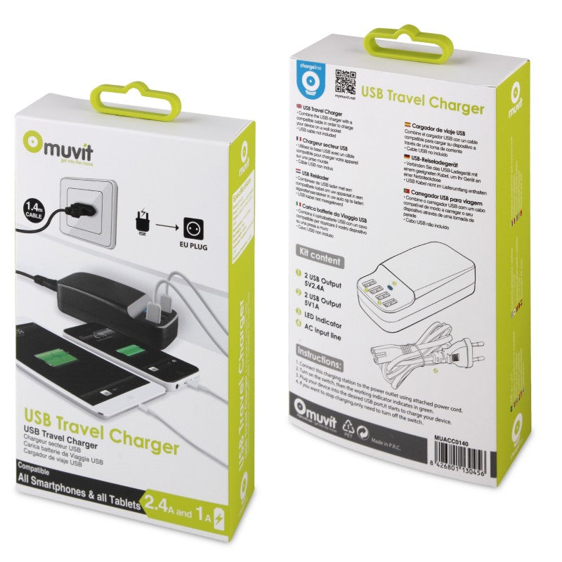 Cargador de dispositivo móvil Muvit con 4 puertos USB negro 2.4A 1A (NUEVO)
