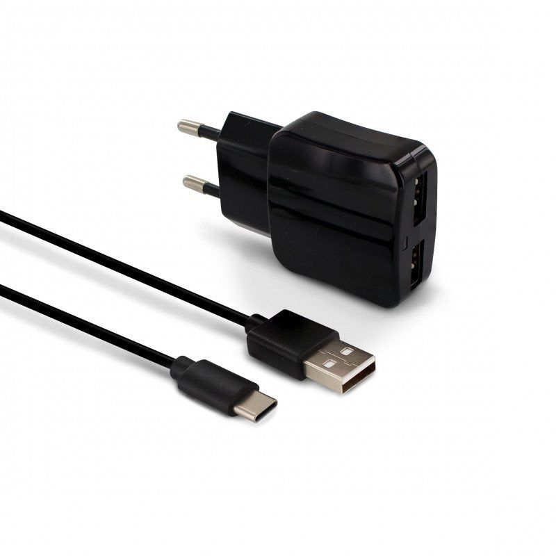 Cargador de pared Mooov con 2 puertos USB-A+cable USB-A/USB-C de 1 m negro