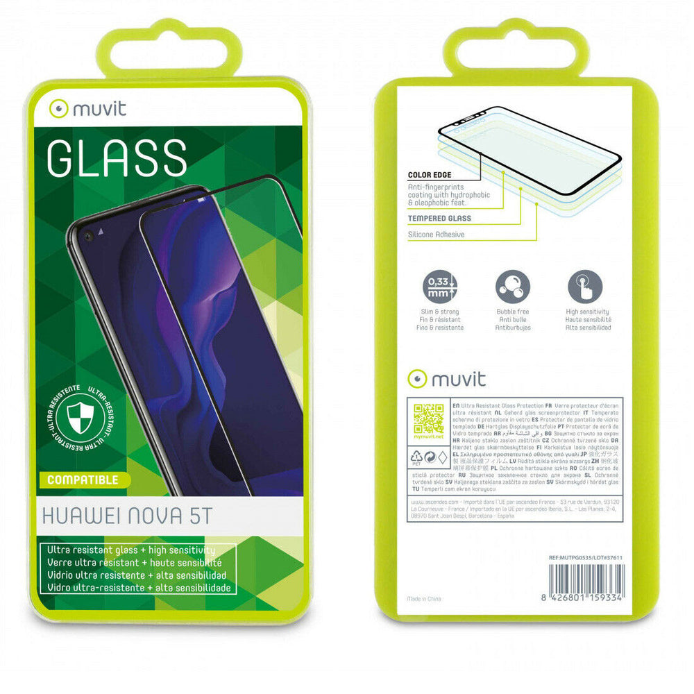 Protector pantalla Muvit para Huawei Nova 5T templado plano marco negro.