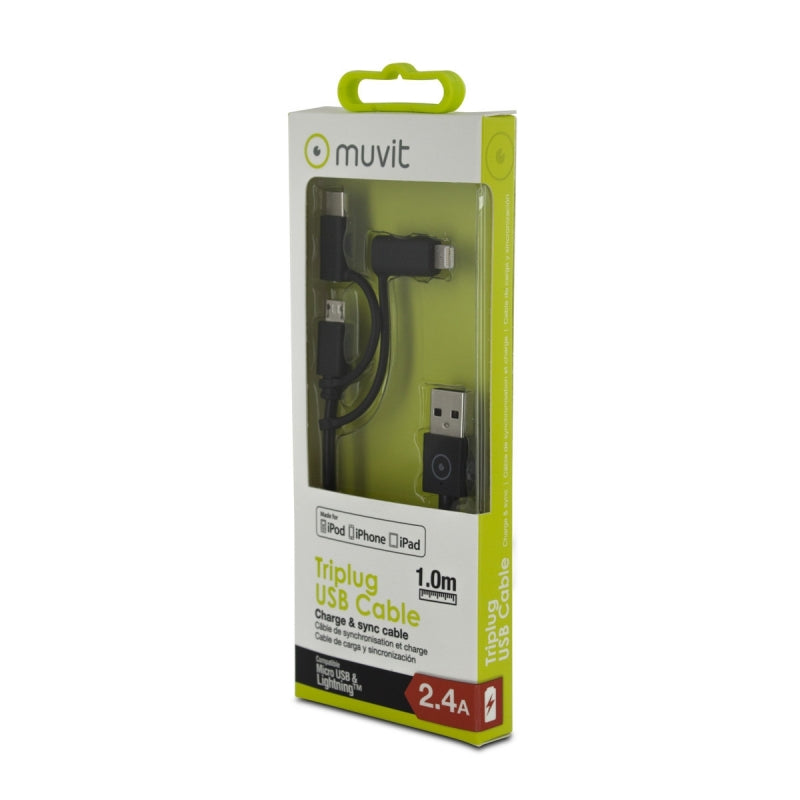 Cable Muvit USB-MicroUSB/Tipo C/Apple MFI 2.1A 1m negro