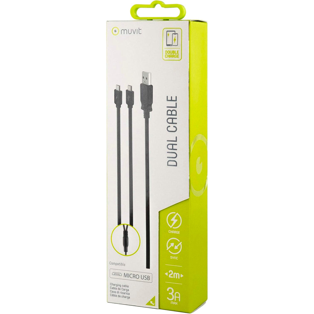 Cable Muvit USB-Doble Micro USB 3A 2m (1 Carga + 1 Carga y Datos) Negro