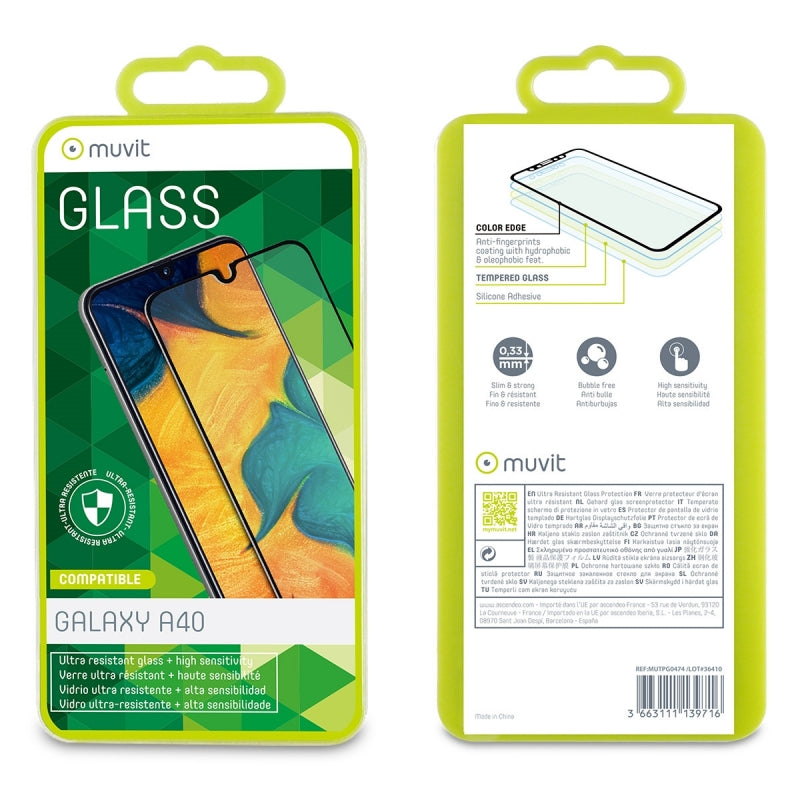 Protector pantalla Muvit para Samsung Galaxy A40 vidrio templado plano.
