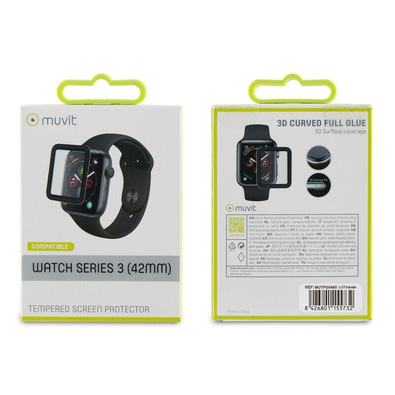 Funda protectora Muvit para Apple Watch serie 3 42mm vidrio templado curvo.