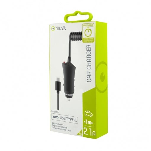 Cargador Coche Muvit Tipo C 2.1A cable rizado 1m negro.