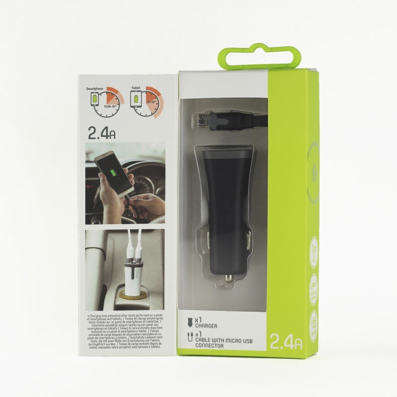 Pack Muvit Cargador coche 2 USB + cable 2.4A 1m Micro USB negro.