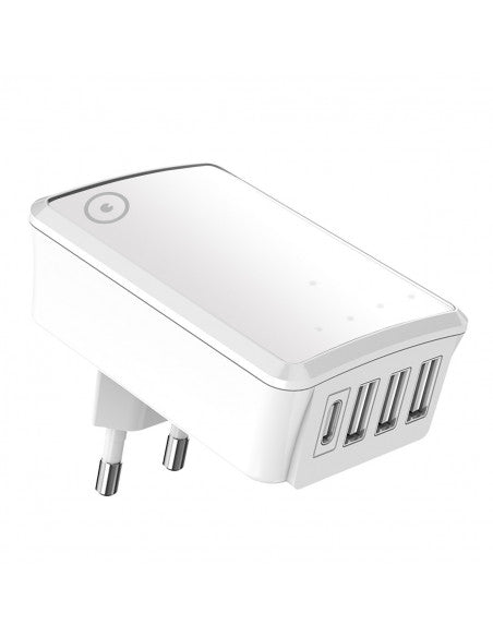Transformador Universal Muvit 3 USB + 1 Tipo C 5V/5A carga inteligente blanco