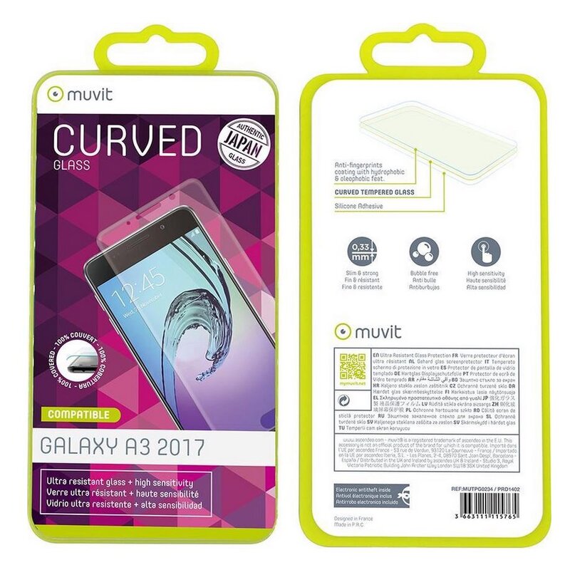 Protector de pantalla Muvit para Samsung Galaxy A3 2017 vidrio templado curvo.