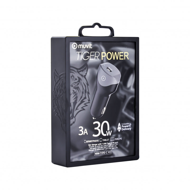 Cargador coche Muvit Tipo C PD 30W smart IC negro