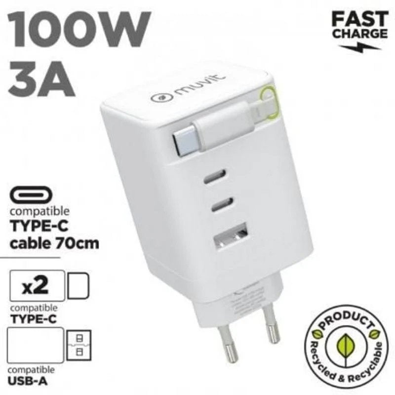 Cargador de pared Muvit For Change 100 W 3 USB-C 1 USB-A con cable retractil