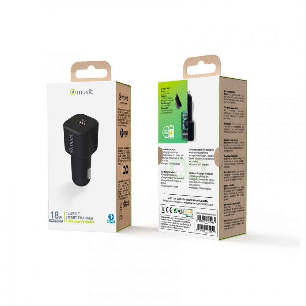 Cargador coche Muvit for Change Tipo C PD 18W negro.