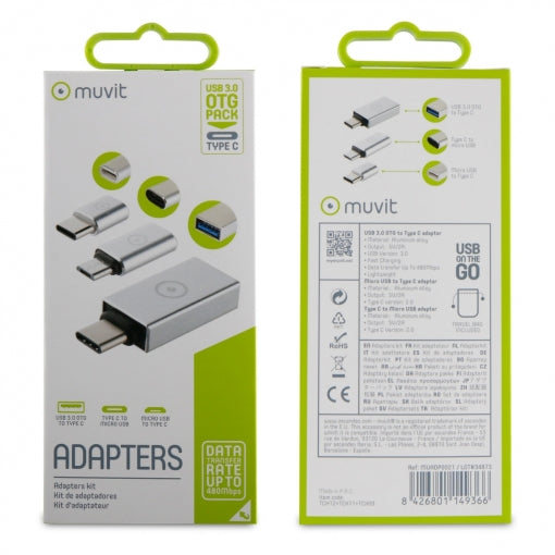 Pack Adaptador USB Muvit OTG 3,0 A Tipo C+micro Usb A Tipo C+ Tipo C A Micro Usb