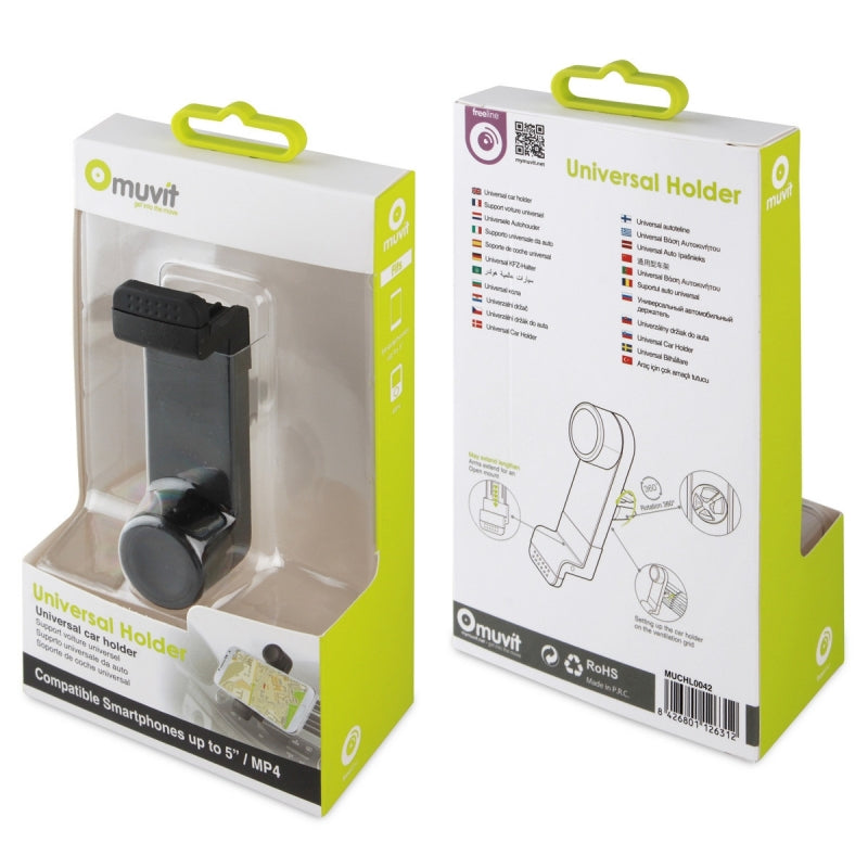 Soporte de Coche Muvit universal salida de aire rotativo 360. Hasta 6″- 87mm