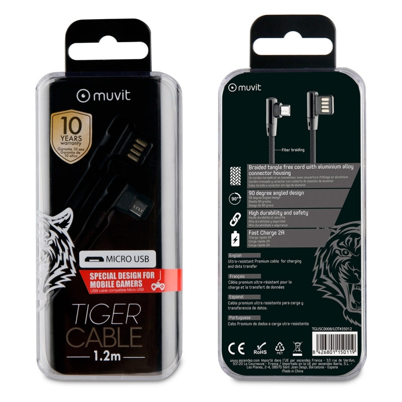 Cable Muvit Tiger USB a Micro USB formato L 2A 1,2m negro