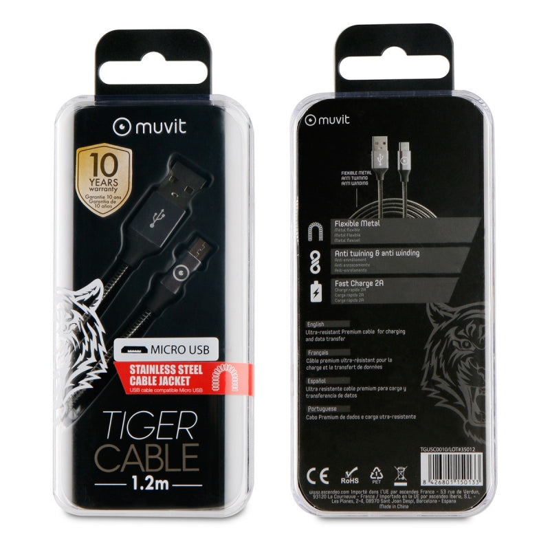 Cable Muvit Tiger USB a Micro-USB metal flexible 2A 1.2m gris (NUEVA)