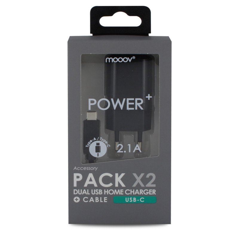 Cargador de pared Mooov con 2 puertos USB-A+cable USB-A/USB-C de 1 m negro