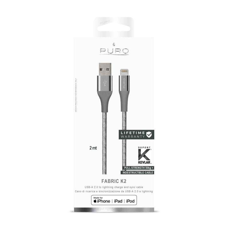 Cable PURO USB a Apple 2.4A Kevlar 2m gris