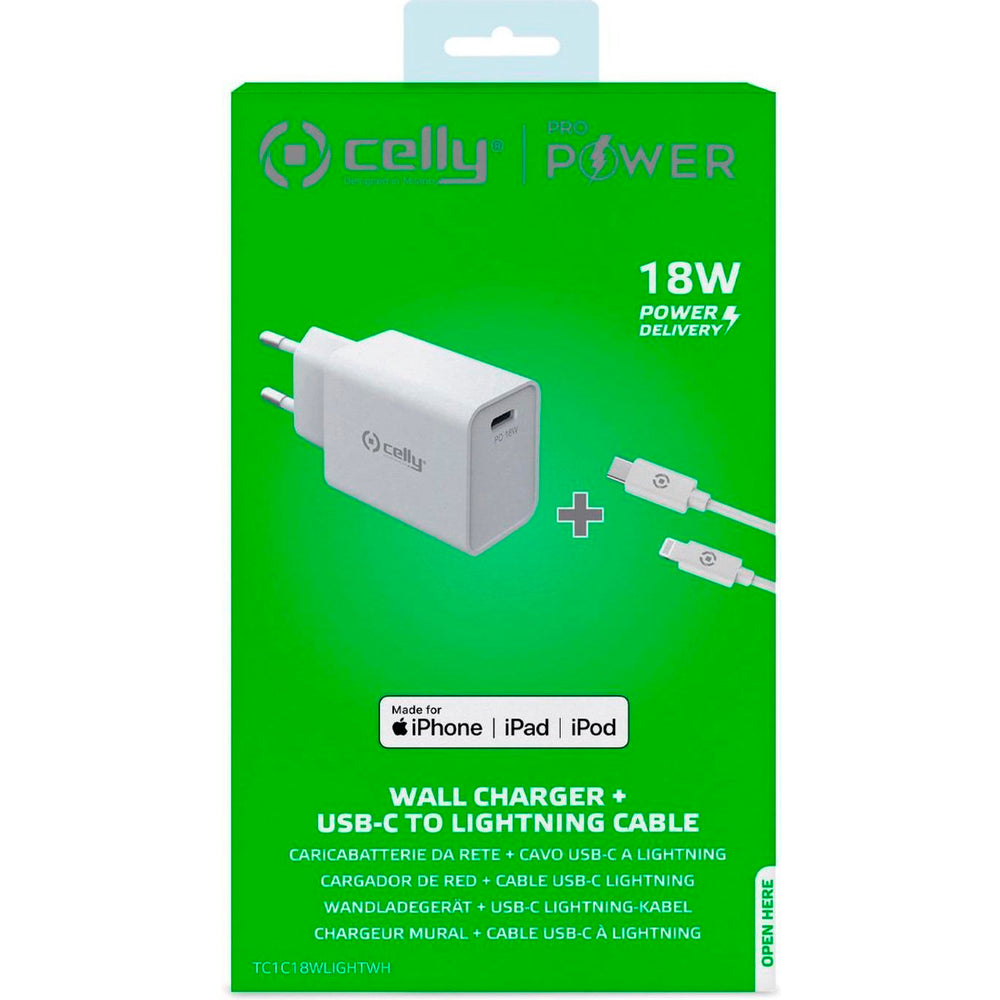 Cargador de pared Celly con USB-C 18W + Cable USB-C a Apple PRO POWER