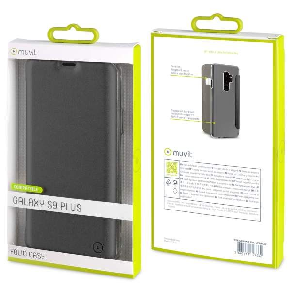 Funda Muvit Folio Samsung Galaxy S9 Plus parte trasera transparente negra.
