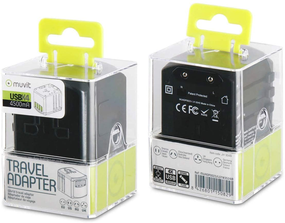 Adaptador viaje universal Muvit iO (EU,UK,US,AU) 4USB 5V 4,5A negro y gris