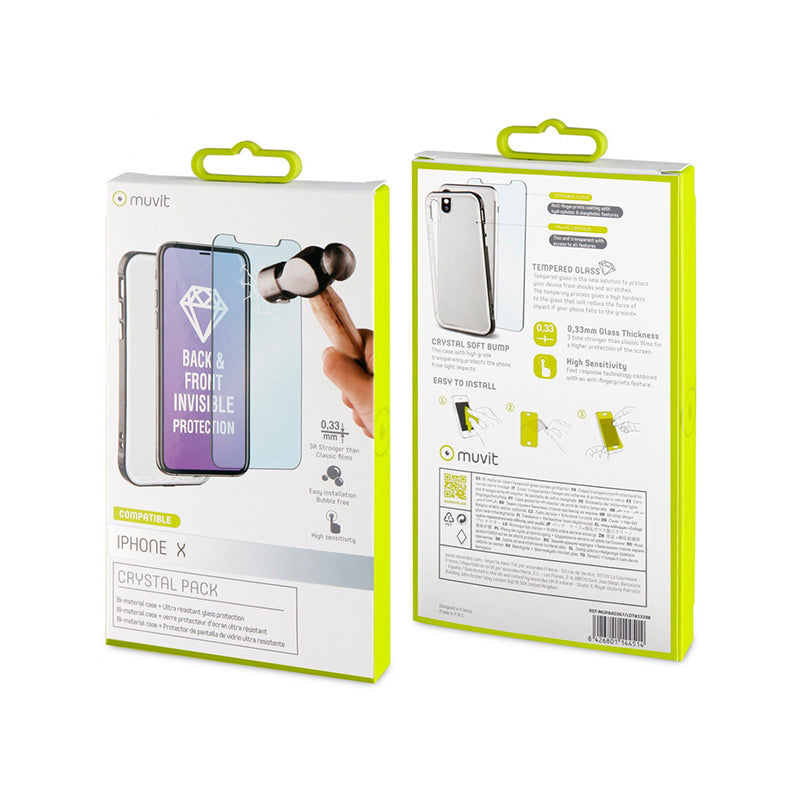 Pack Muvit Apple iPhone X/Xs Funda Cristal bump + protector pantalla vidrio tem.