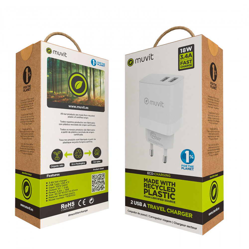 Cargador de Pared Muvit for Change 2 USB 3.4A/18W blanco