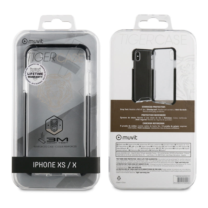 Carcasa Muvit Tiger Hard Apple iPhone Xs/X shockproof 3m transp.+borde negro.