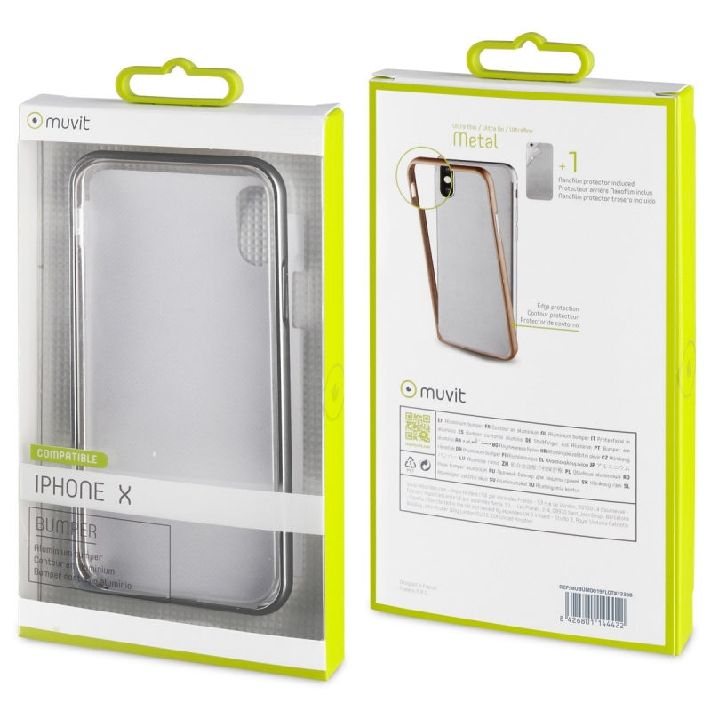 Funda Muvit Bumper Apple iPhone Xs/X aluminio + nanofilm trasero gris.