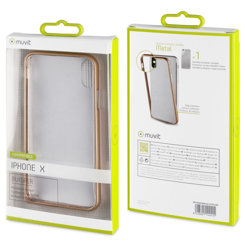 Funda Muvit Bumper para Apple iPhone Xs/X aluminio + nanofilm trasero oro rosa.