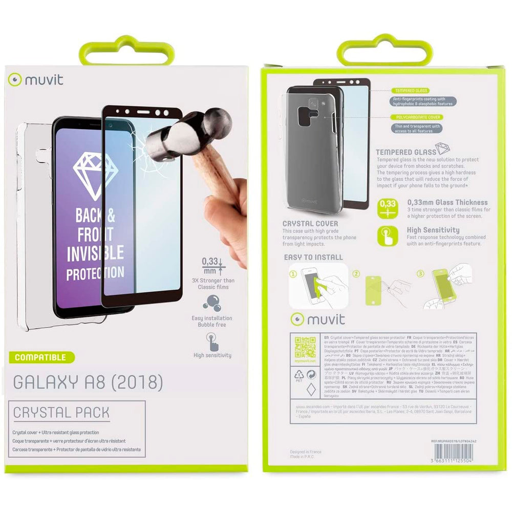 Pack Muvit Carcasa Samsung Galaxy A8 2018 Protector Pantalla Vidrio Templado.