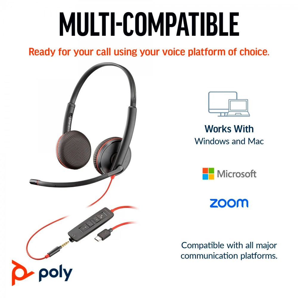 Auriculares estéreo Poly Blackwire 3225 + conector de 3,5 mm + adaptador USB-C/A