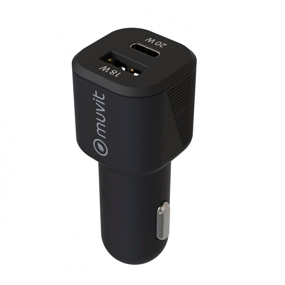 Cargador coche Muvit for Change 1 USB QC 3.0 18W+1 Tipo C PD 20W negro