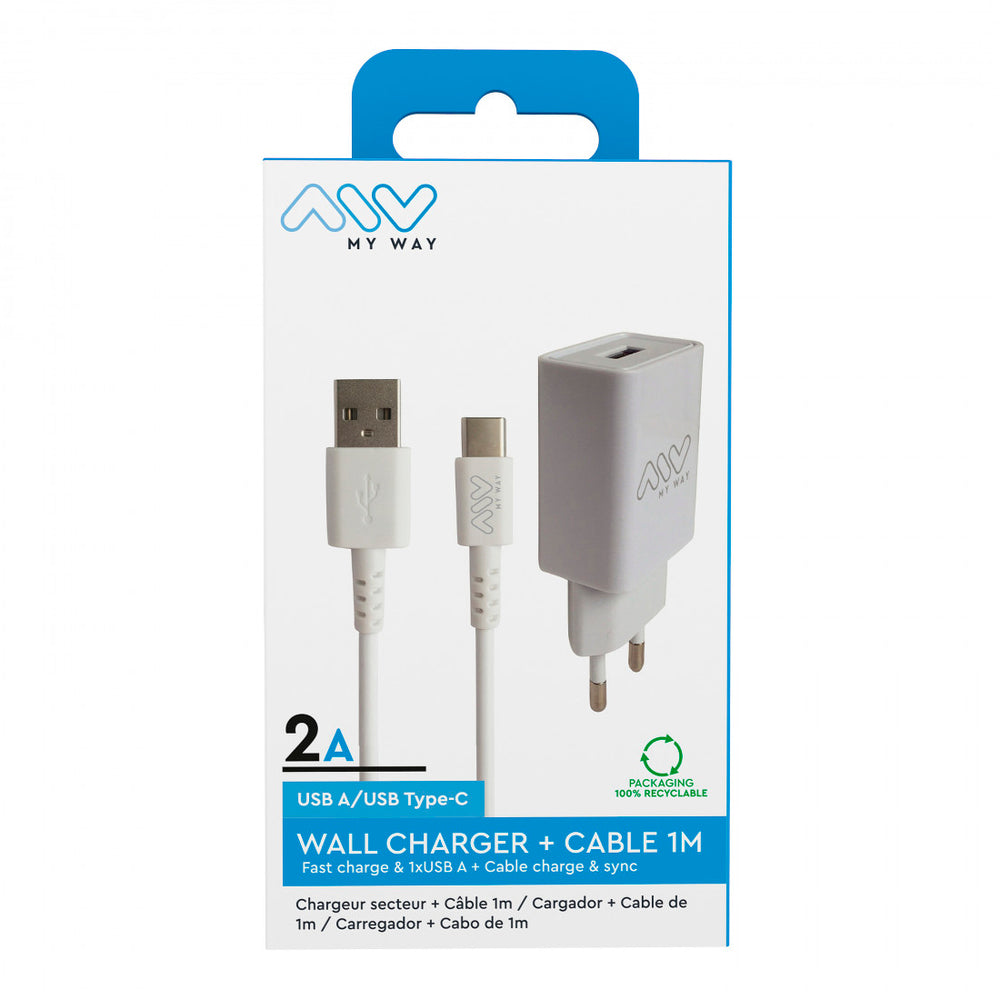 Pack Myway cargador de pared USB 2A + cable USB C 1m blanco