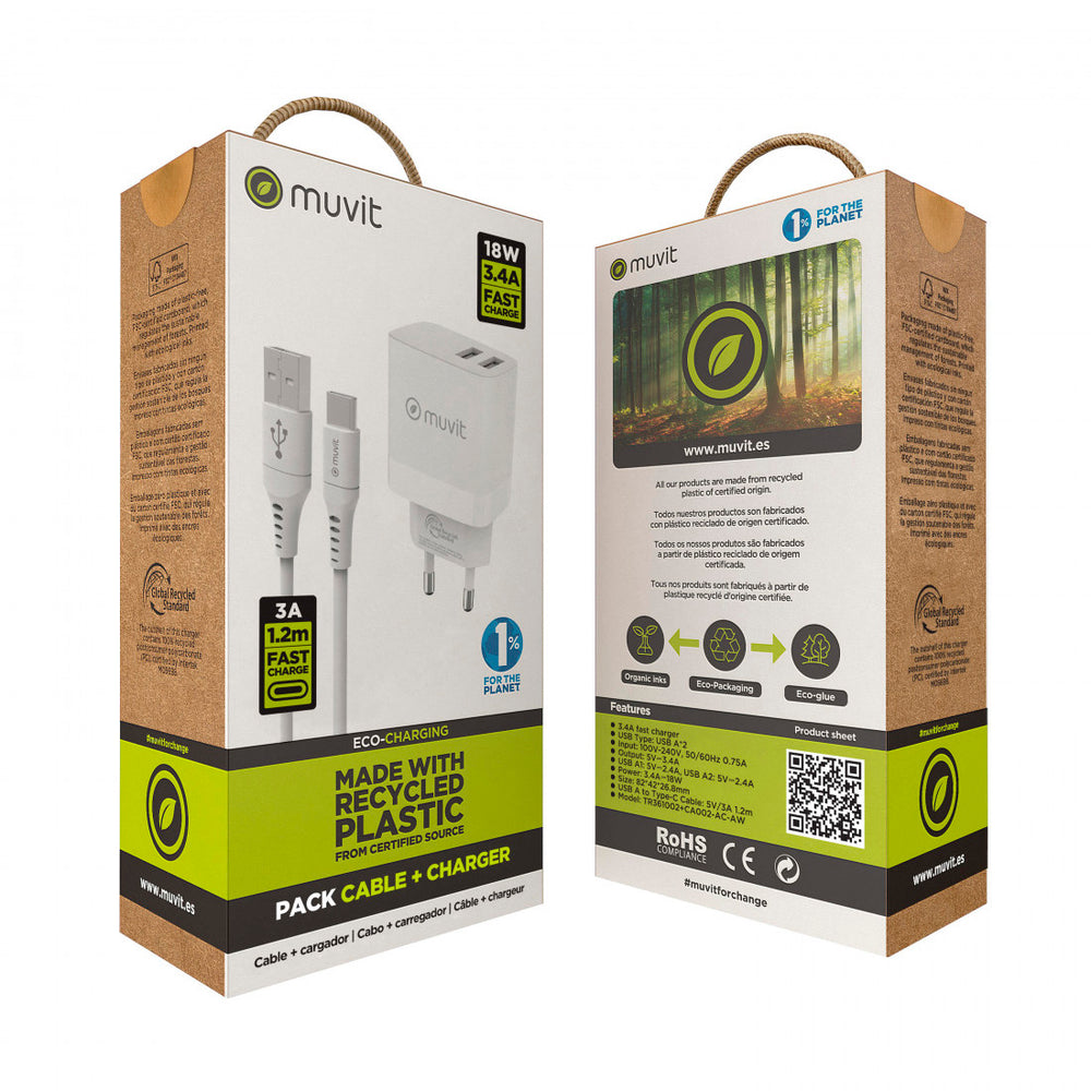 Pack Muvit for change cargador de pared 2 USB 3,4A/18W+Cable Tipo C 3A/60W 1,2m