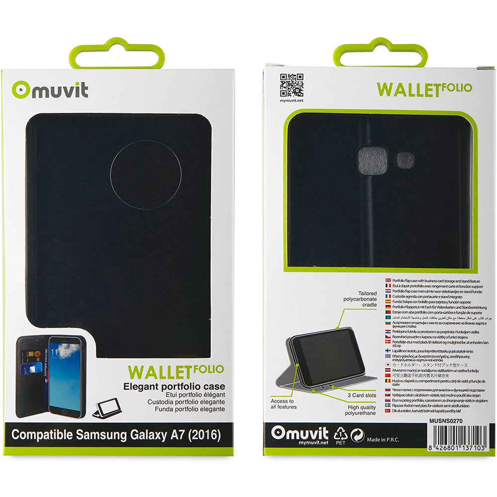 Funda Muvit Wallet Folio con función soporte negra para Samsung Galaxy A7 2016.