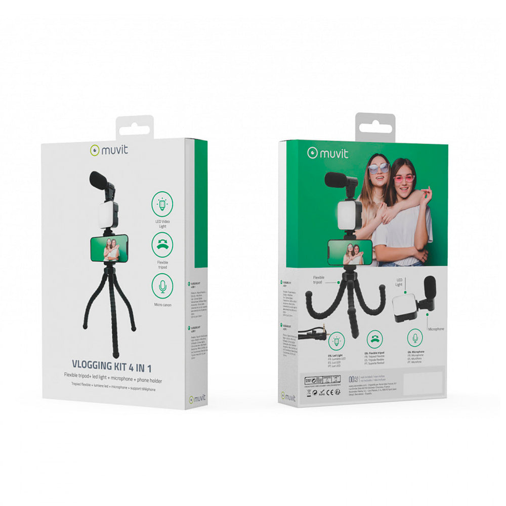 Muvit Vlogging Kit 4 en 1 Trípode Flexible + Luz LED + Micrófono + Soporte móvil