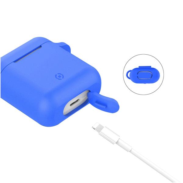 Celly Aircase Funda de Silicona Azul para Air Pods + Ganchos Deportivos.