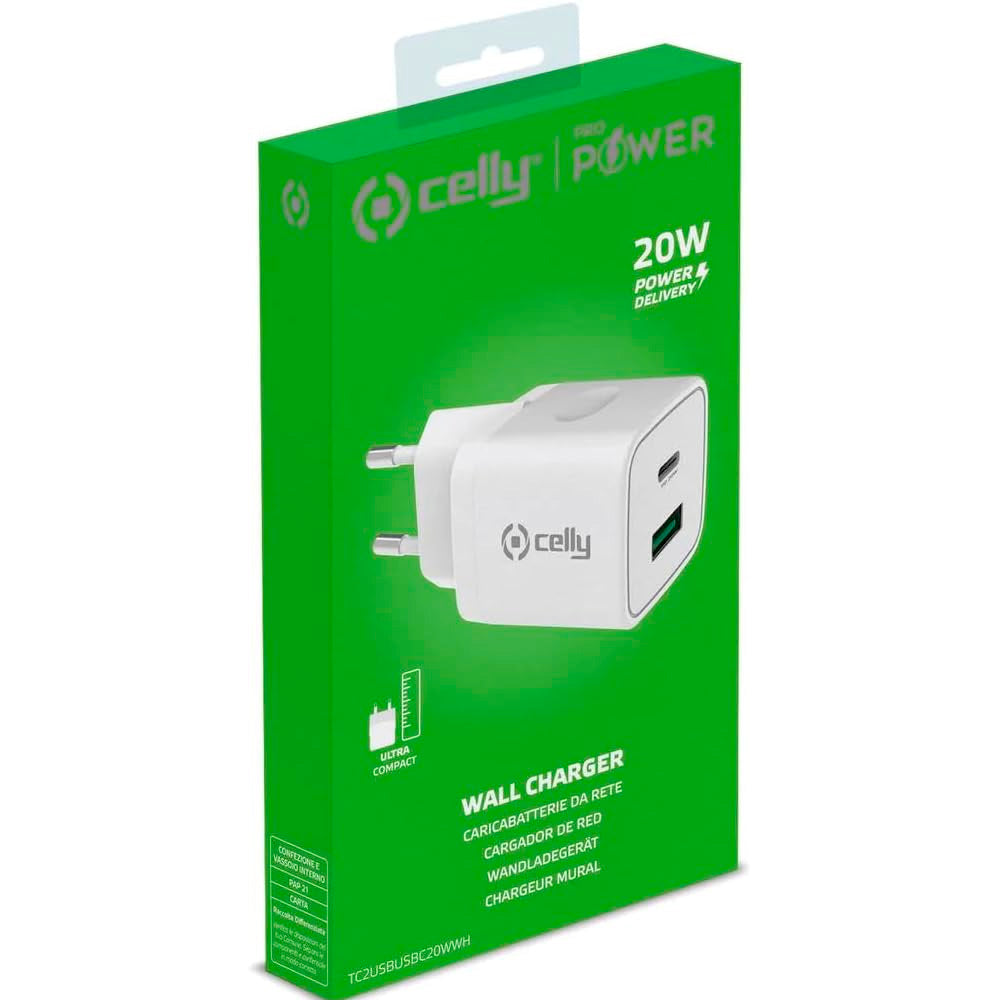 Cargador de pared Celly TC2USBUSBC20WWH USB/USB-C 20W Color blanco (NUEVO)