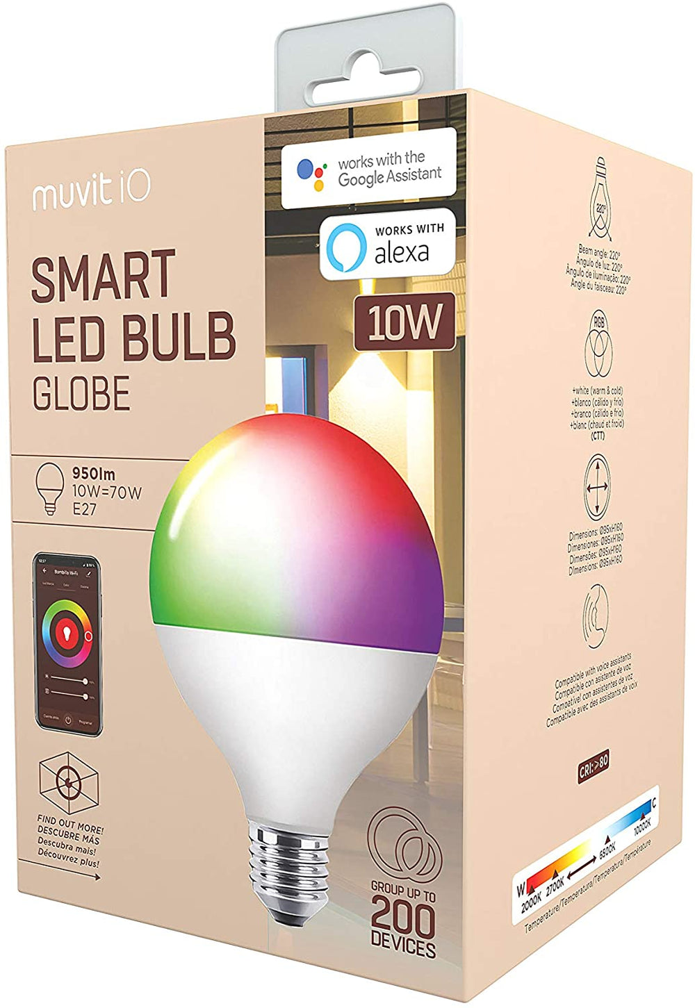 Bombilla inteligente muvit iO Globo E27/10W/950lm RGB+BlancoD95*H160