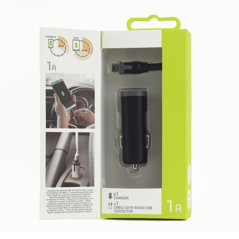 Pack Muvit Cargador coche USB 1A negro + Cable USB-Micro USB 1m negro.