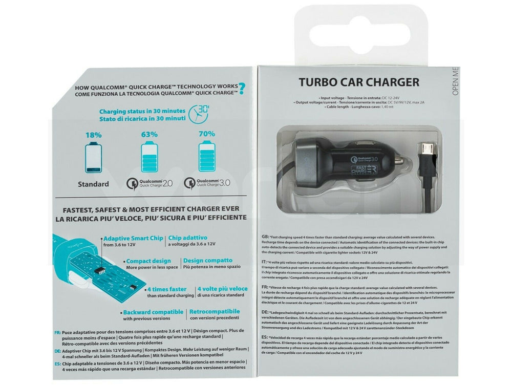Cargador coche Muvit Qualcomm QC 3.0 18W MicroUSB 1,4m
