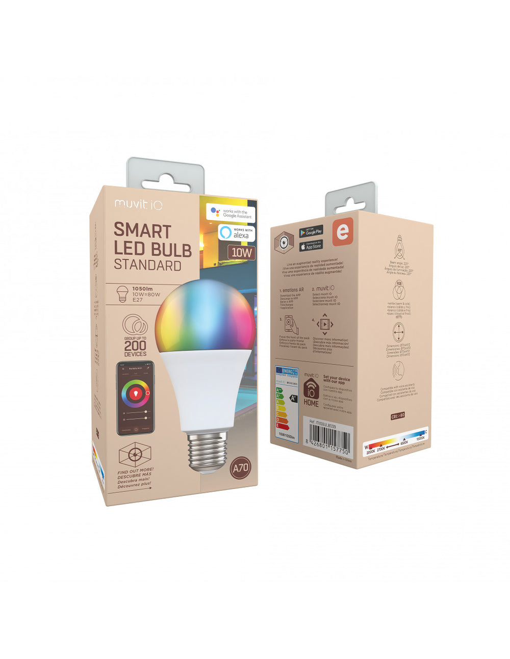 Bombilla inteligente Muvit A70 E27/10W/1050lm RGB+Blancos D70*H130 Usado