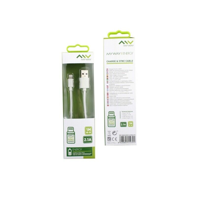 Cable Myway USB-Apple 2.1A 1m blanco.