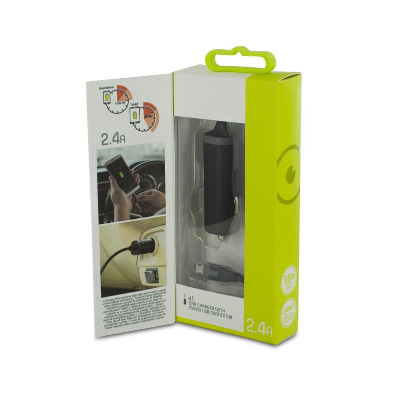 Muvit Cargador coche Micro USB 2.4A cable rizado 1,8m negro.