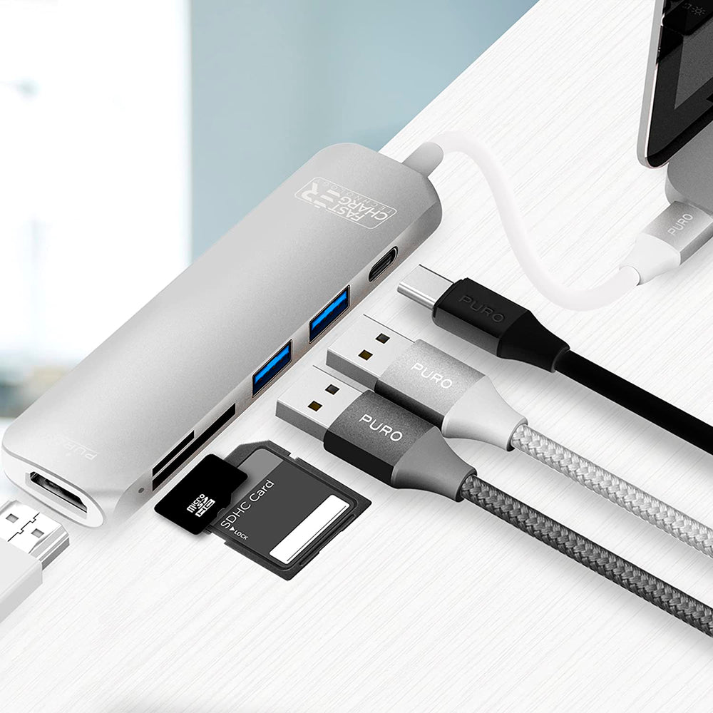Hub Puro Tipo C con 2 Puertos USB 3.0/Micro SD/SD/HDMI y USB-C Dorado