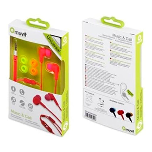 Auriculares Muvit cable plano estereo con micrófono 3,5mm fresa/rosa.